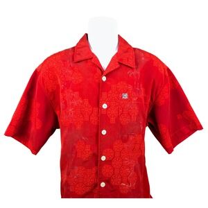 Vintage Quicksilver Red‎ Hawaiian Shirt Print Short Sleeve Medium Made in USA